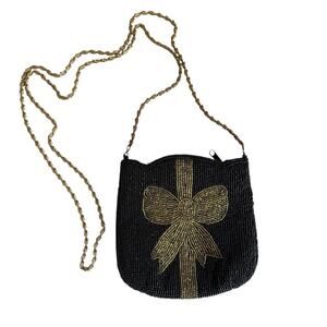 Vintage 90s Beaded Chain-Strap Shoulder Bag Black Gold Bow Crossbody Small Purse